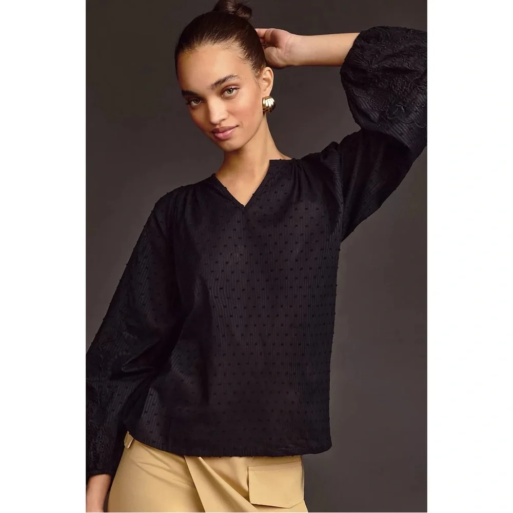 Anthropologie Forever That Girl Cutwork Lace Peasant Long Sleeve Blouse in Black